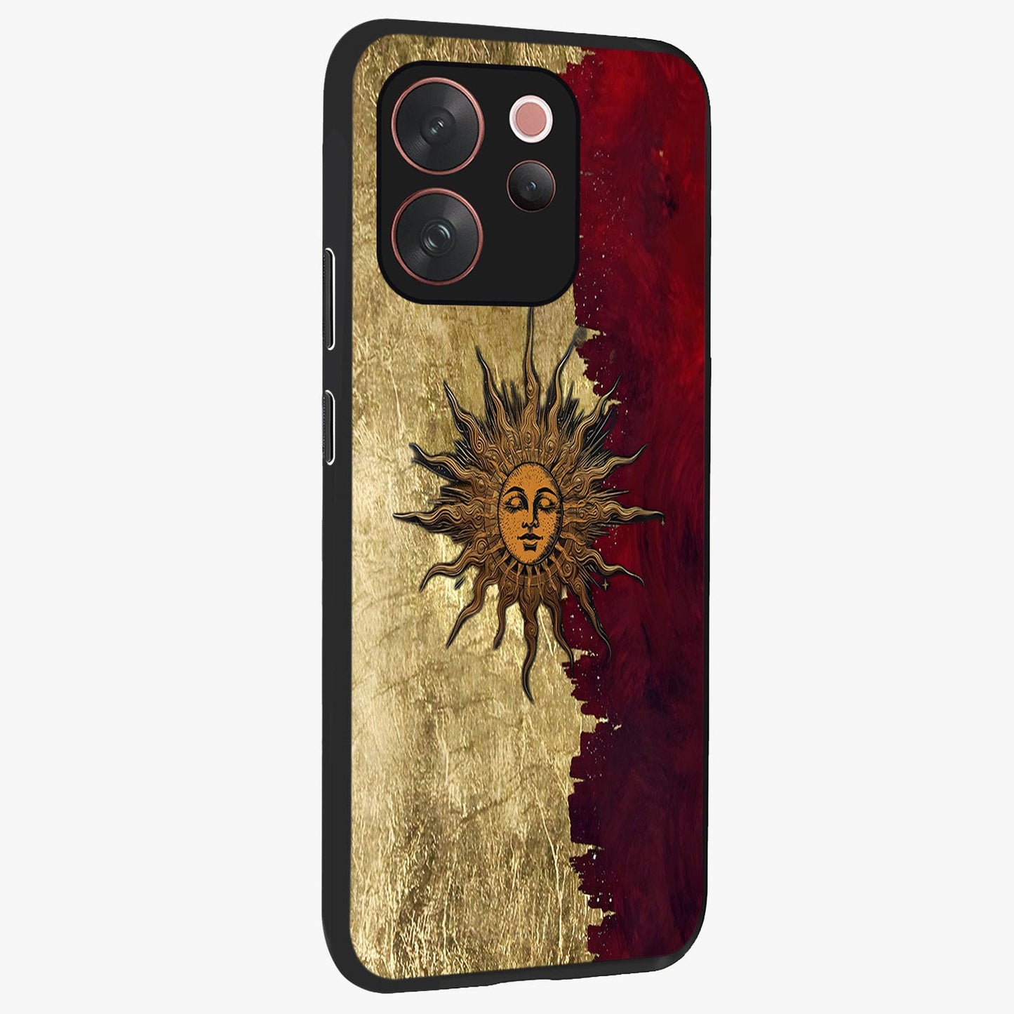 Crimson Sun Majesty Glass Case upright view showcasing vibrant sun artwork with powerful celestial theme.