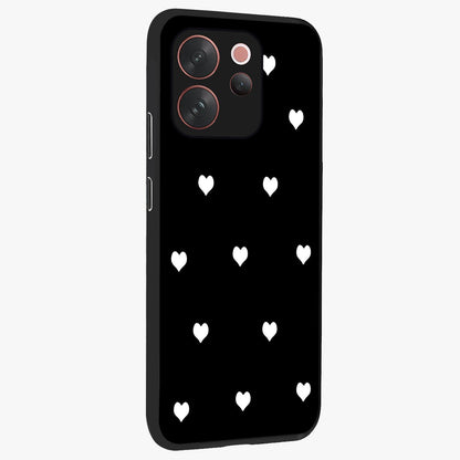 Cute And Simple White Hearts Glass Case upright view showcasing simple white hearts artwork with soft minimal theme.