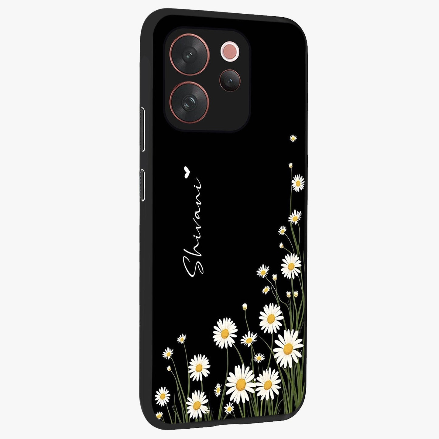 Daisy Cascade Custom Name Glass Case upright view showcasing elegant floral cascade design with personalized aesthetic.