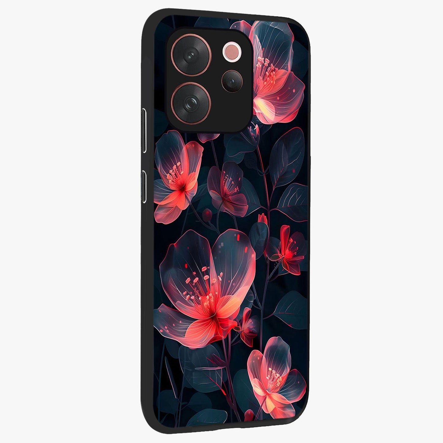 Dark Shade of Flower Glass Case upright view showcasing delicate flower artwork with rich dark floral theme.