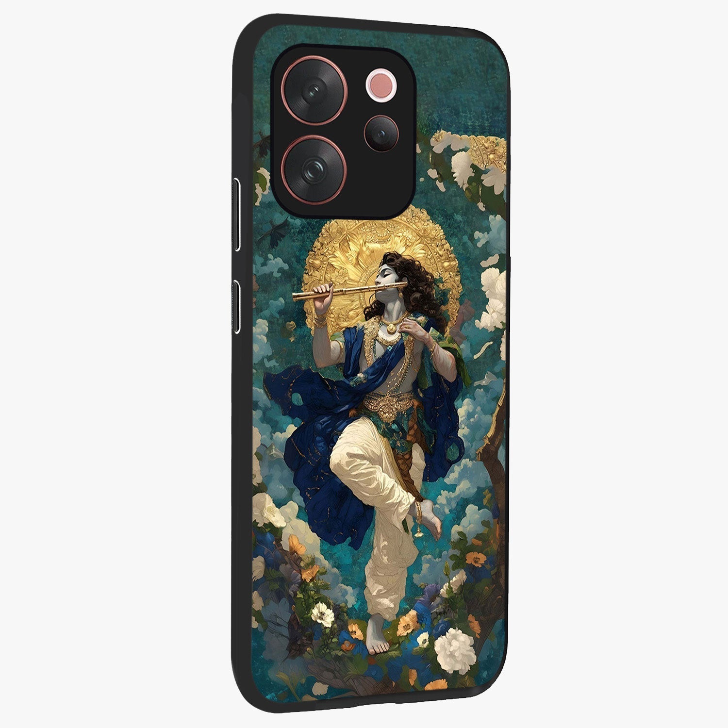 Divine Krishna Art Glass Case upright view showcasing divine Krishna artwork with sacred artistic theme.