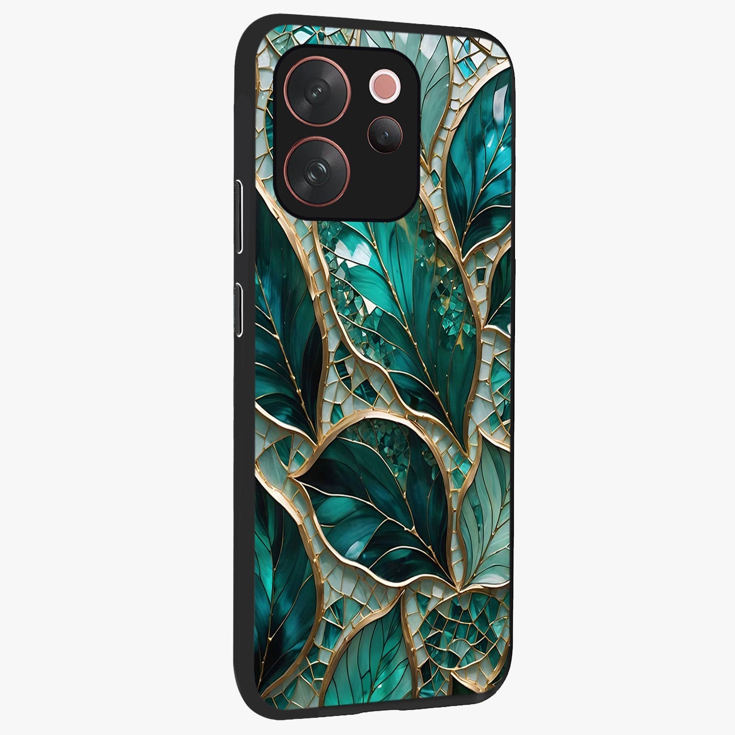 Emerald Leaf Glass Glass Case upright view showcasing fresh green leaf artwork with calming nature inspired style.