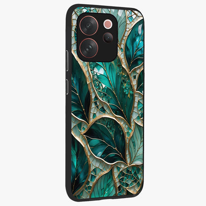 Emerald Leaf Glass Glass Case upright view showcasing fresh green leaf artwork with calming nature inspired style.