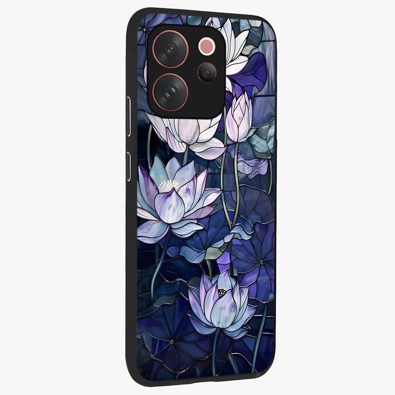 Gloss Petal Rush Glass Case upright view showcasing dynamic floral petal artwork with modern botanical theme.