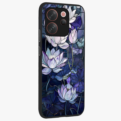 Gloss Petal Rush Glass Case upright view showcasing dynamic floral petal artwork with modern botanical theme.