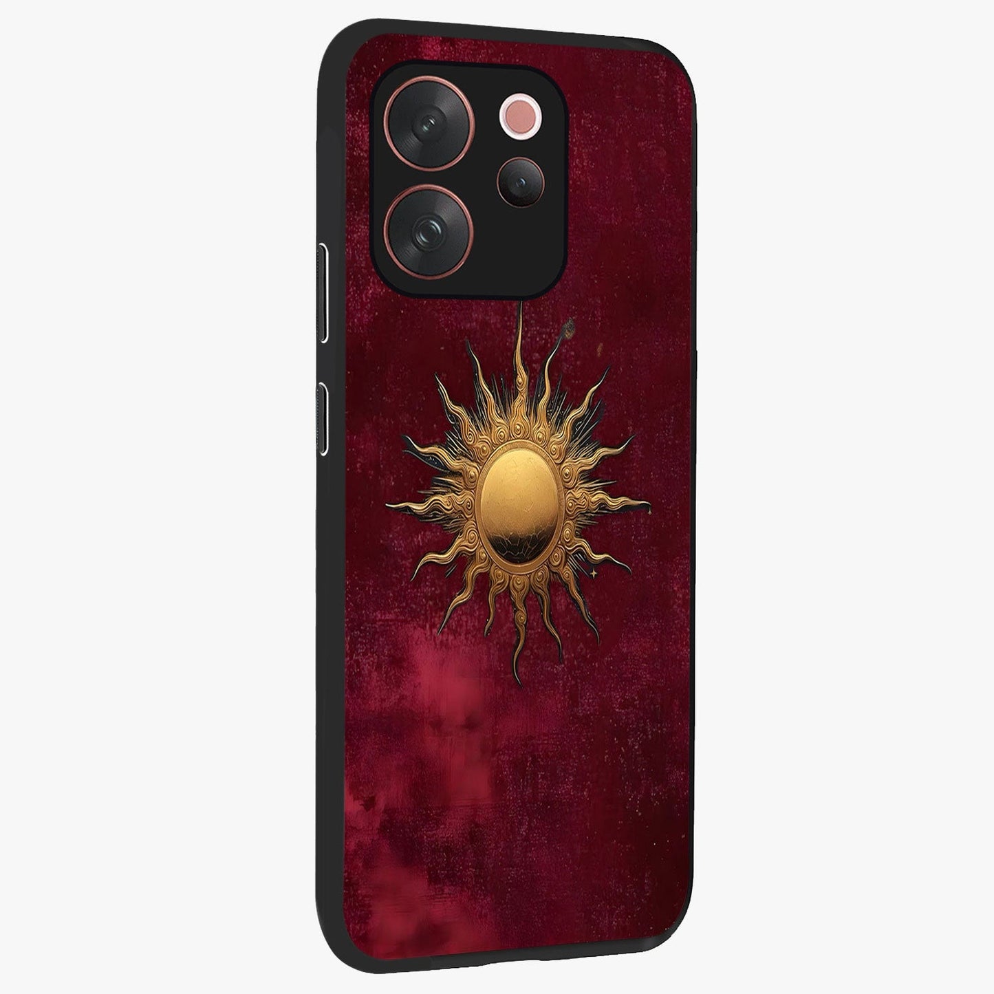 Golden Sun Minimalism Glass Case upright view showcasing simple golden sun artwork with elegant minimalist style.