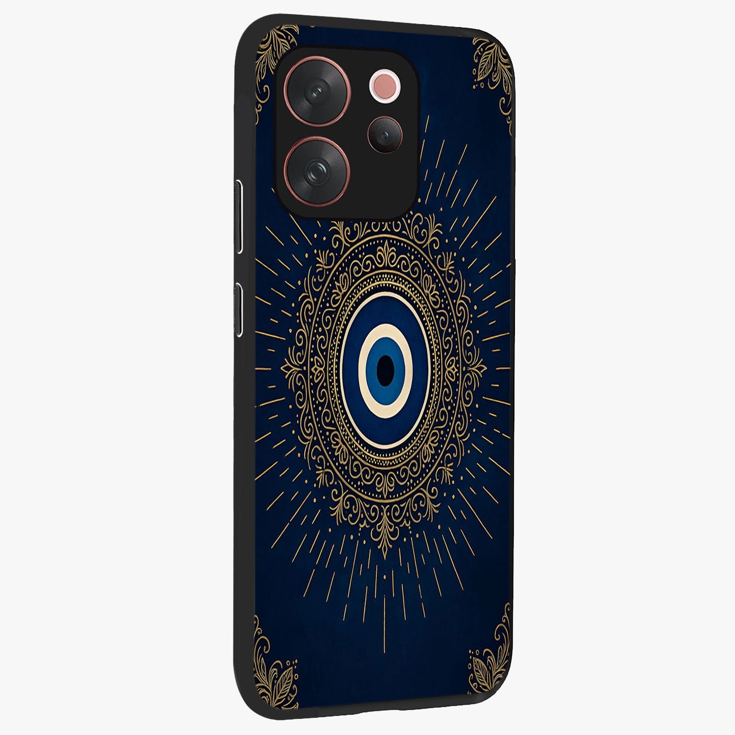 Golden Celestial Charm Glass Case upright view showcasing radiant celestial artwork with elegant golden theme.