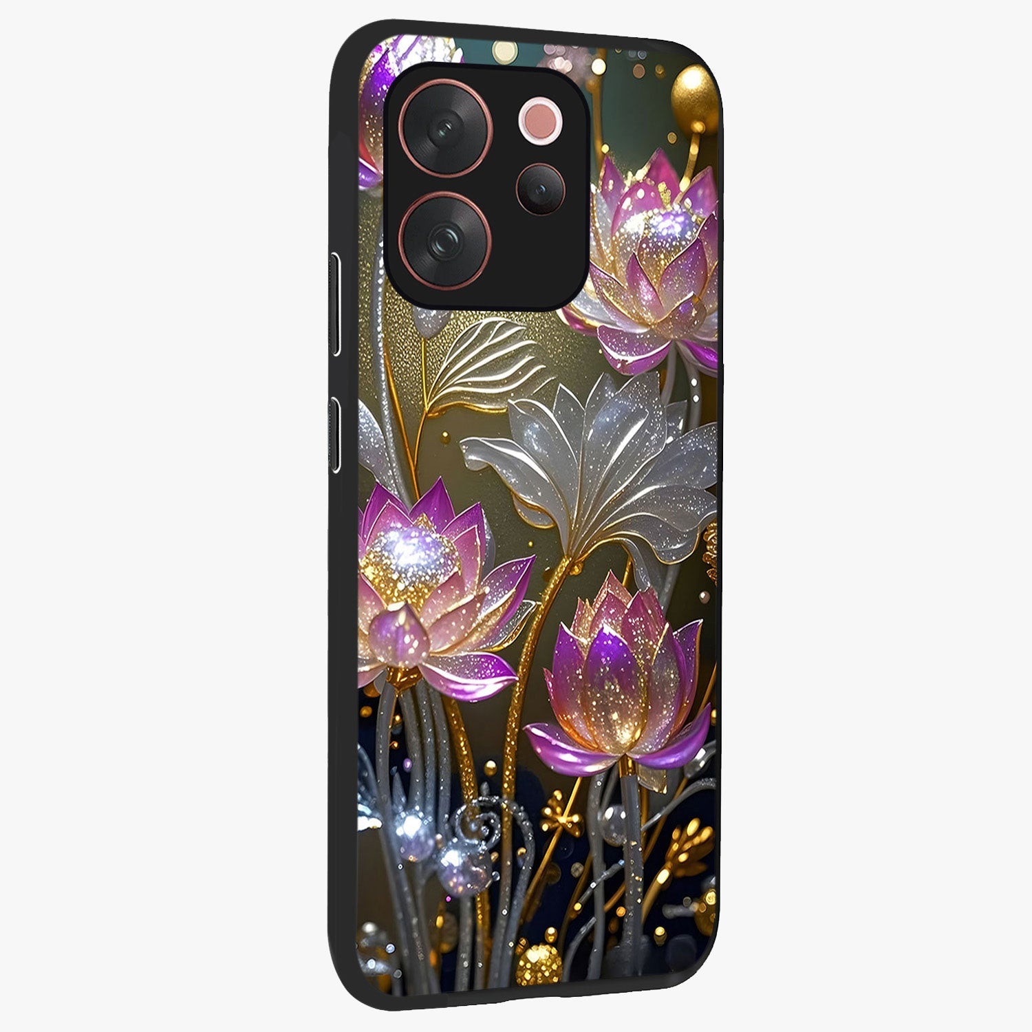 Golden Floral Majesty Glass Case upright view showcasing majestic floral artwork with rich decorative theme.