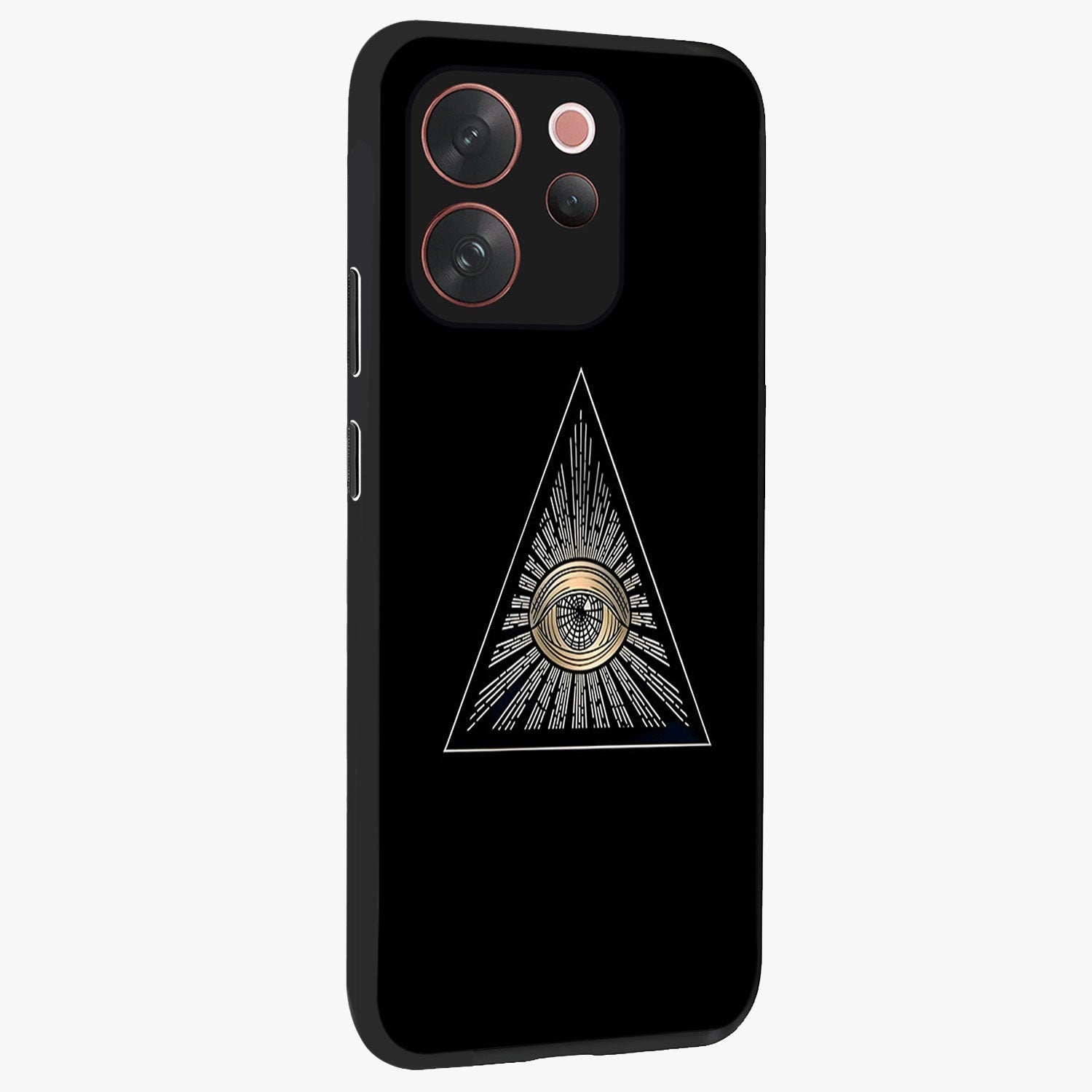 Illuminati Evil Glass Case upright view showcasing striking illuminati artwork with mysterious symbolic theme.