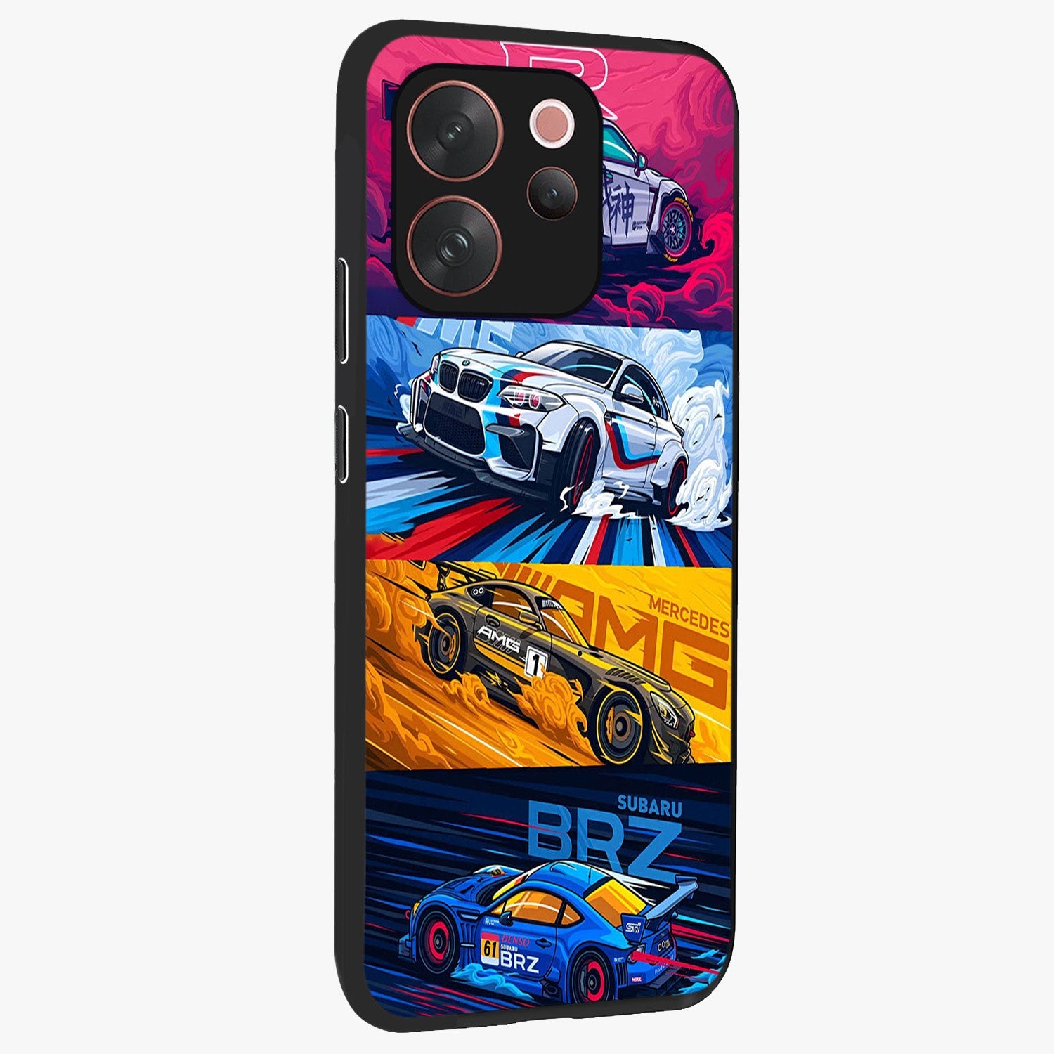JDM Sports Car Glass Case upright view showcasing dynamic sports car artwork with bold racing theme.