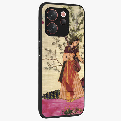 Lady With Veena Art Glass Case upright view showcasing classical veena artwork with traditional artistic theme.