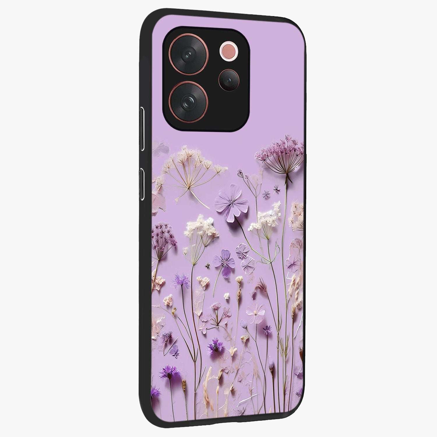 Lavender Blossom Dream Glass Case upright view showcasing delicate lavender blossom artwork with peaceful floral theme.