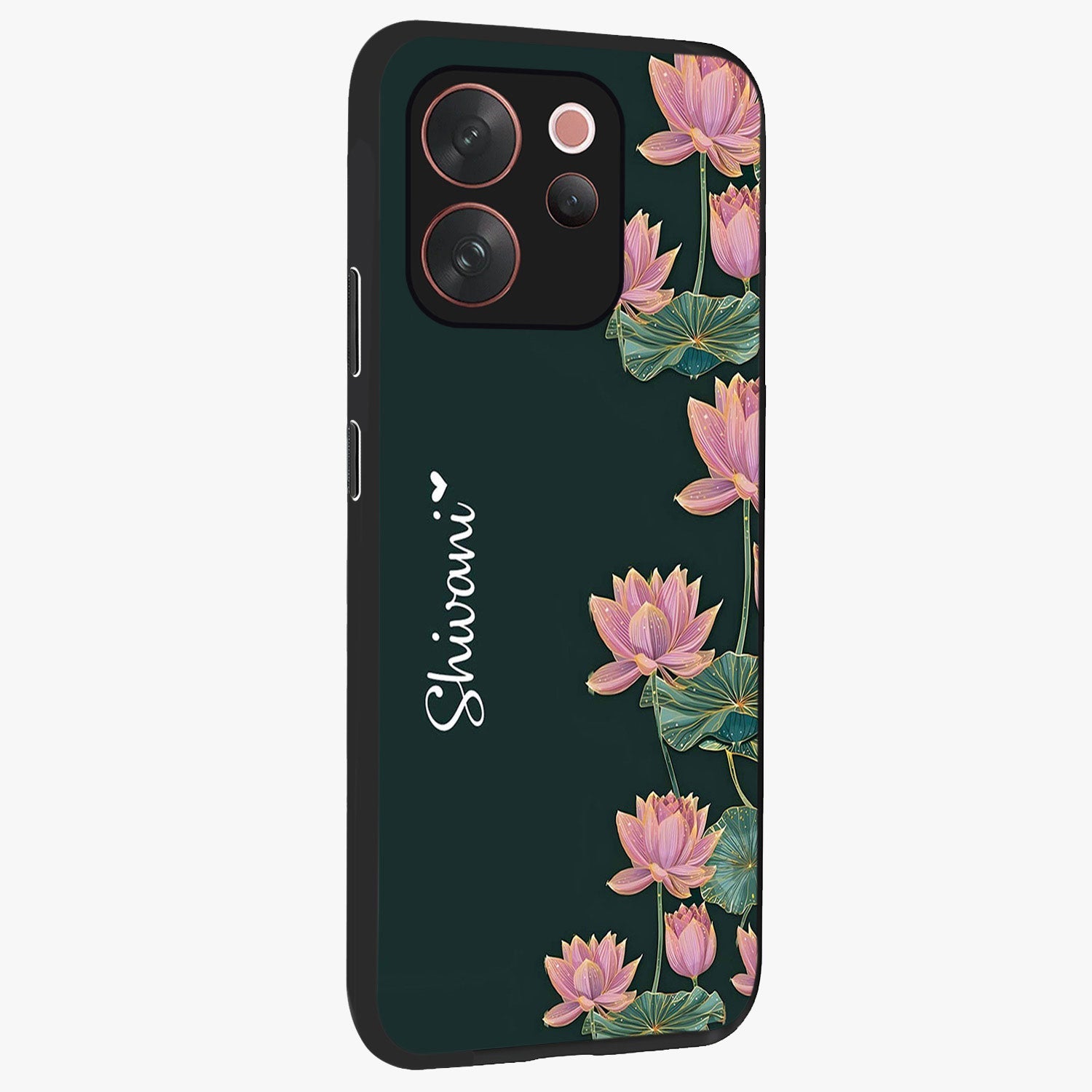 Lotus Bloom Serenity Custom Name Glass Case upright view showcasing serene lotus bloom artwork with personalized floral aesthetic.