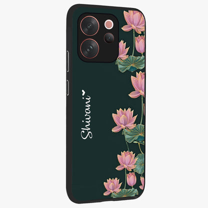Lotus Bloom Serenity Custom Name Glass Case upright view showcasing serene lotus bloom artwork with personalized floral aesthetic.