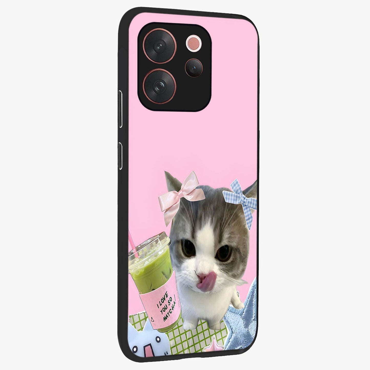 Love Matcha Cat Glass Case upright view showcasing adorable cat artwork with charming matcha themed design.