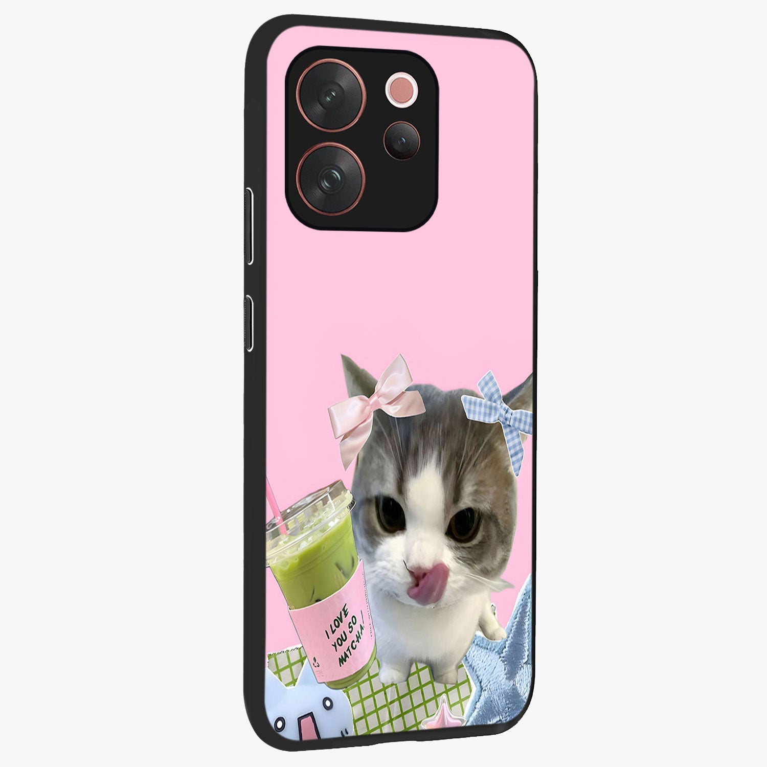 Love Matcha Cat Glass Case upright view showcasing adorable cat artwork with charming matcha themed design.