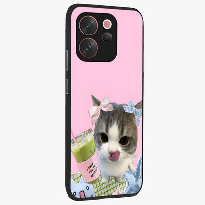 Love Matcha Cat Glass Case upright view showcasing adorable cat artwork with charming matcha themed design.