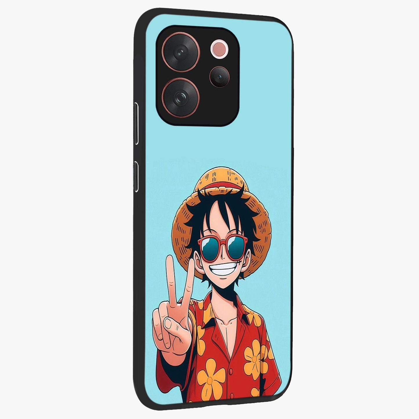 Luffy Summer Anime Vibe Glass Case upright view showcasing dynamic anime artwork with bright adventurous theme.