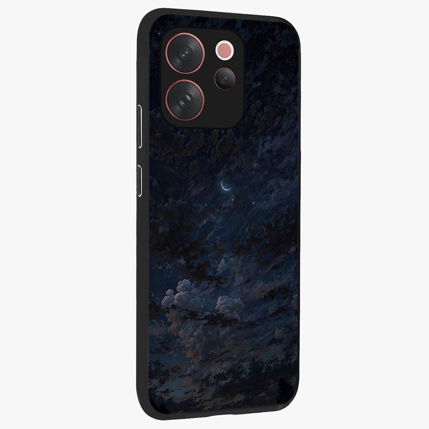 Lunar Veil Silence Glass Case upright view showcasing calm moon themed artwork with serene night atmosphere.