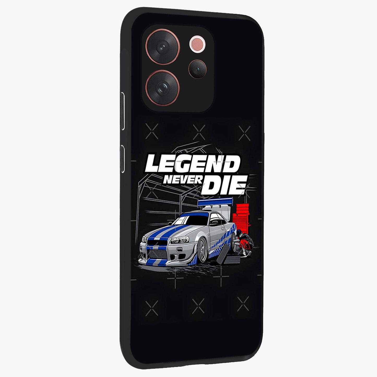 Midnight Racing Legacy Glass Case upright view showcasing powerful racing artwork with modern sports theme.