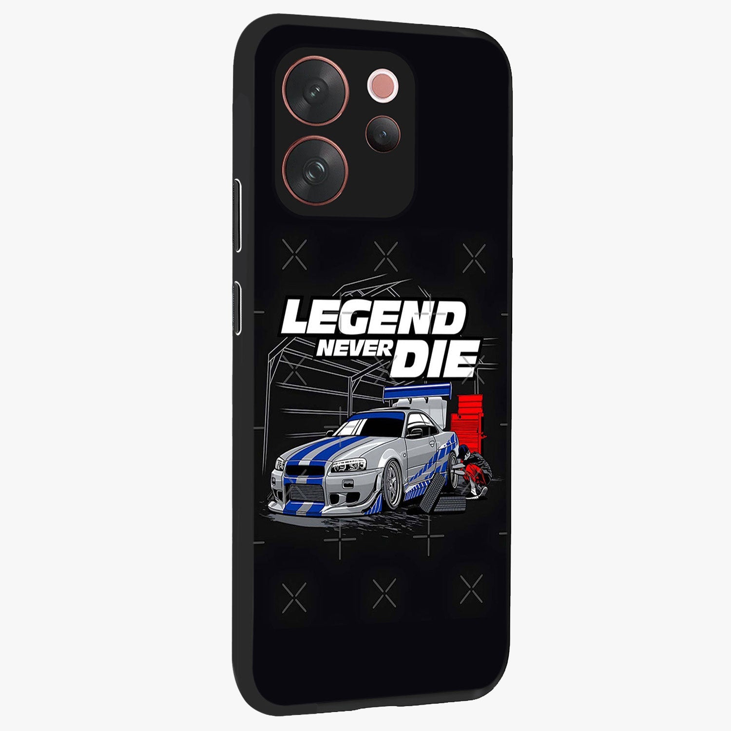 Midnight Racing Legacy Glass Case upright view showcasing powerful racing artwork with modern sports theme.