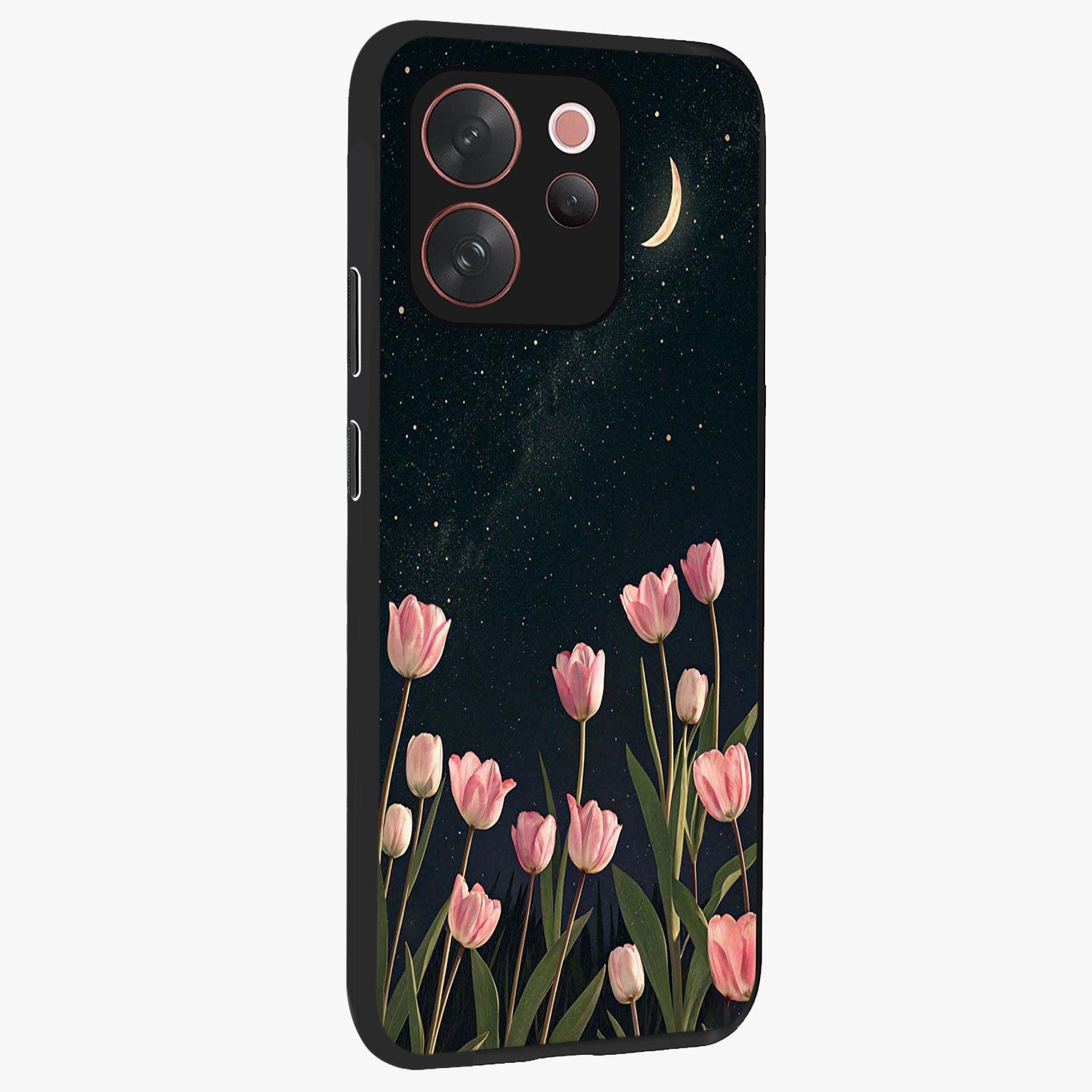 Midnight Tulip Whispers Vibe Glass Case upright view showcasing graceful tulip artwork with calm botanical theme.