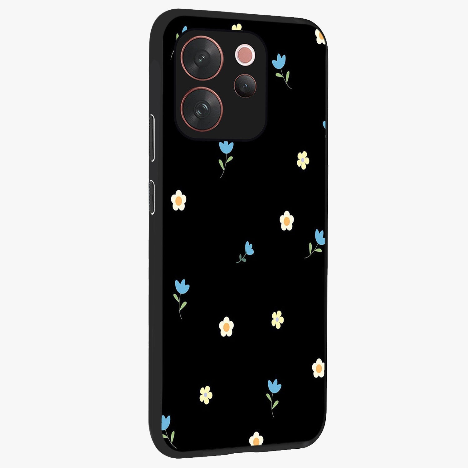 Minimal Petal Whispers Glass Case upright view showcasing elegant floral artwork with modern minimalist style.