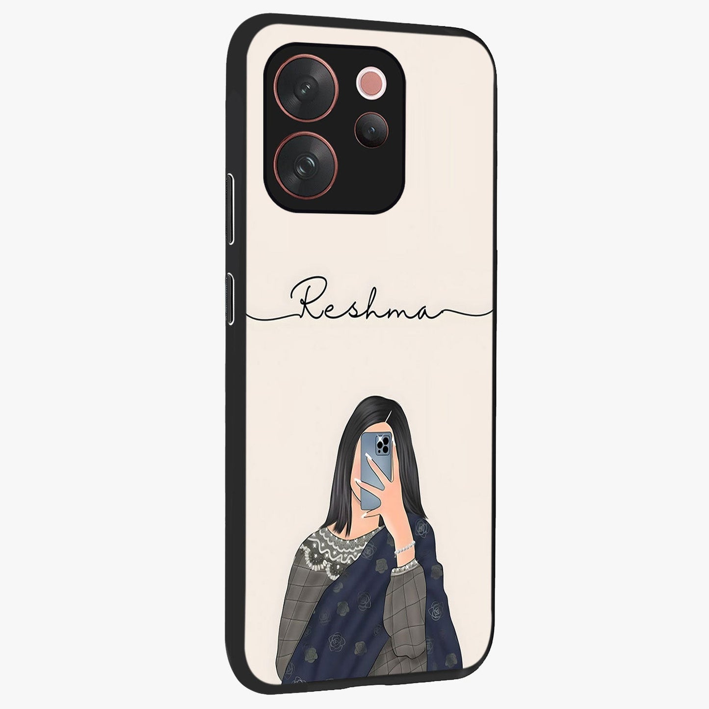 Mirror Mood Muse With Custom Name Glass Case upright view showcasing artistic mirror themed artwork with personalized aesthetic.