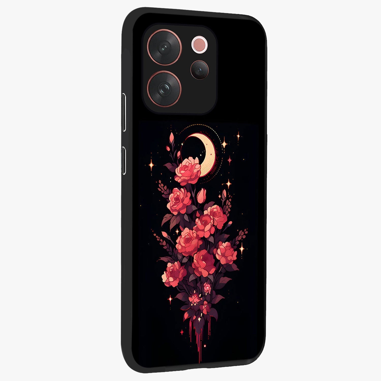 Moonlit Floral Elegance Glass Case upright view showcasing delicate floral artwork with refined night inspired theme.