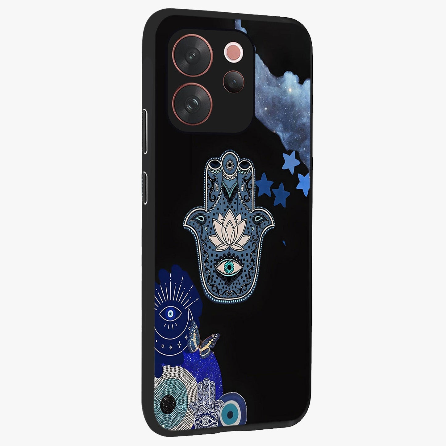 Mystic Hand Aura Glass Case upright view showcasing symbolic hand artwork with mystical energy theme.