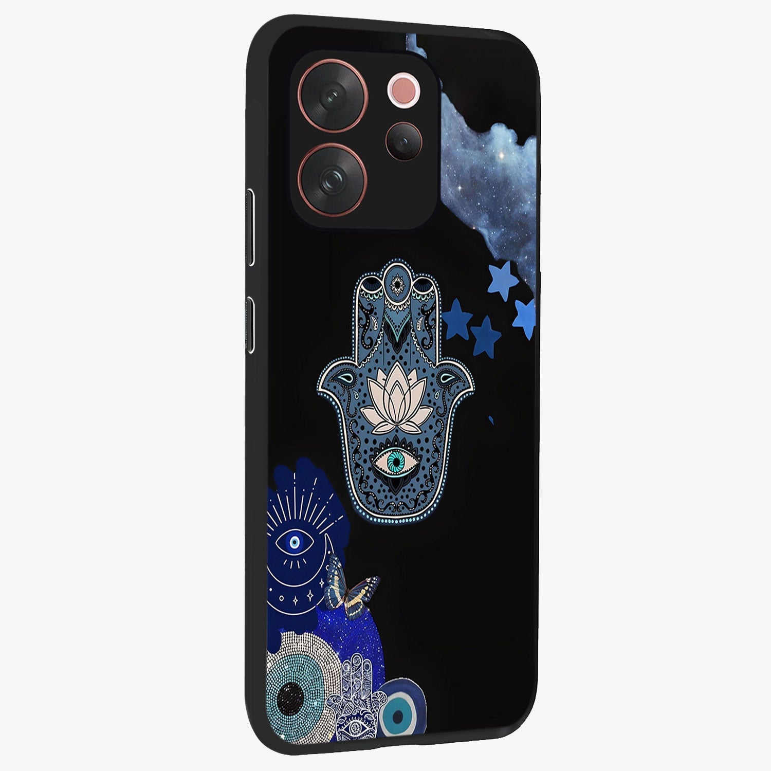 Mystic Hand Aura Glass Case upright view showcasing symbolic hand artwork with mystical energy theme.
