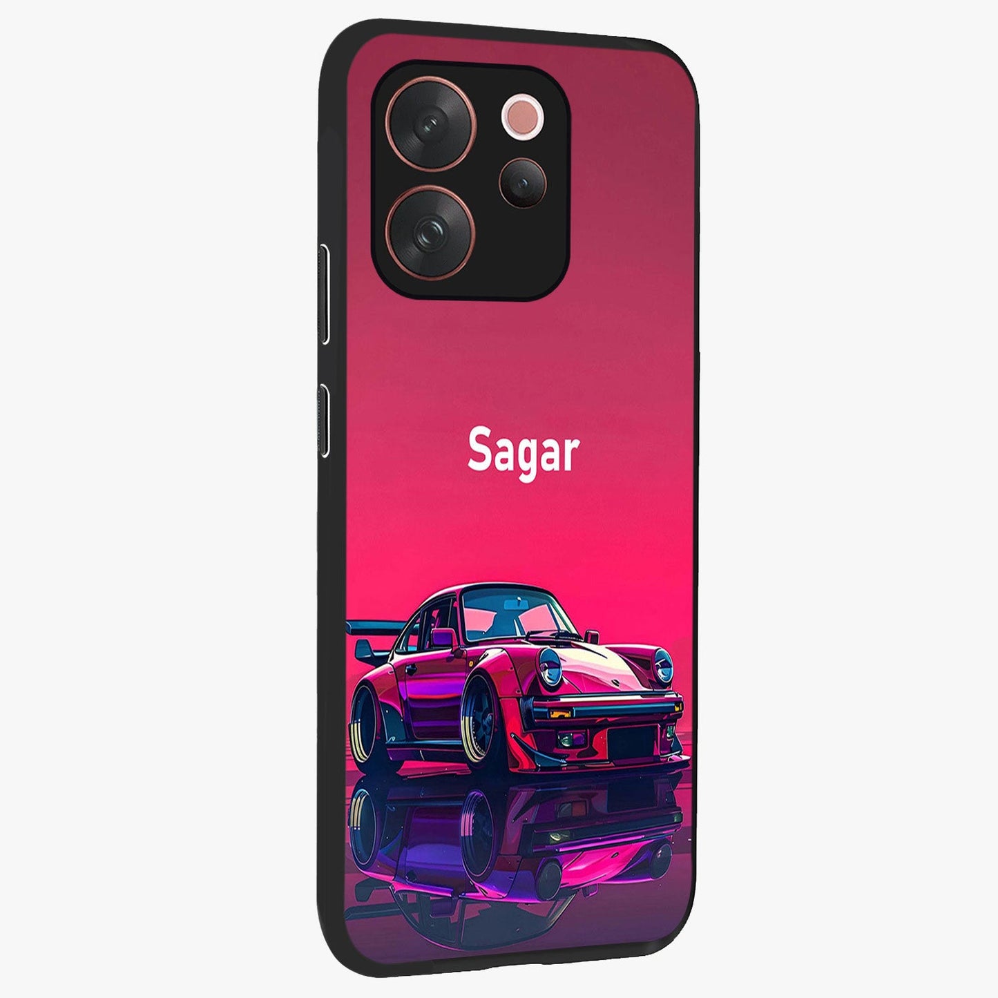 Neon Pink Porsche Glass Case upright view showcasing vibrant sports car artwork with bold automotive theme.