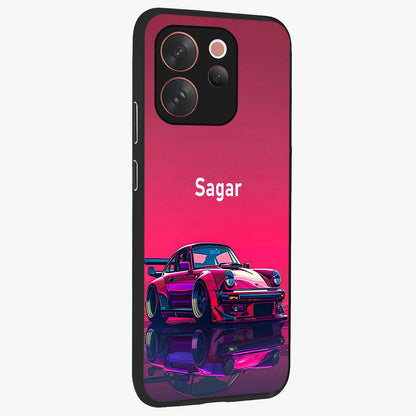 Neon Pink Porsche Glass Case upright view showcasing vibrant sports car artwork with bold automotive theme.