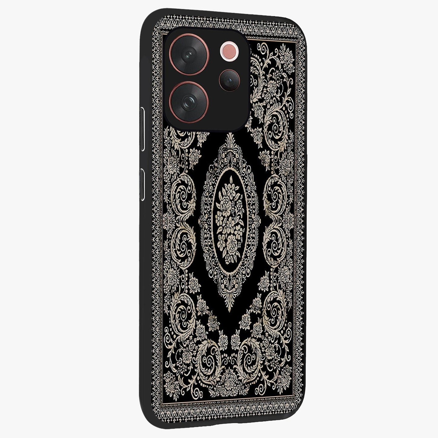 Noir Bloom Elegance Glass Case upright view showcasing graceful floral artwork with luxurious dark theme.