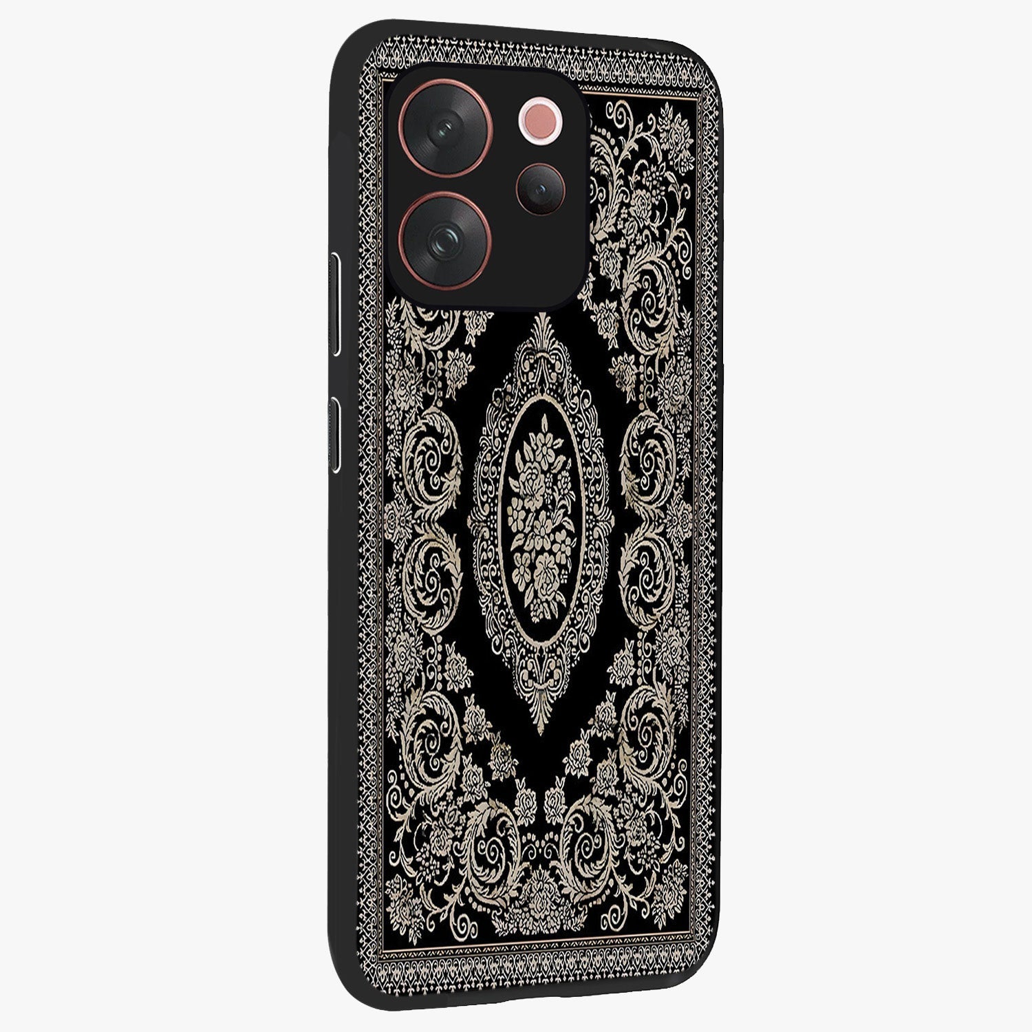 Noir Bloom Elegance Glass Case upright view showcasing graceful floral artwork with luxurious dark theme.