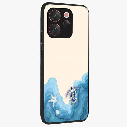 Ocean Drift Turtle Glass Case upright view showcasing calm underwater turtle artwork with nature inspired theme.