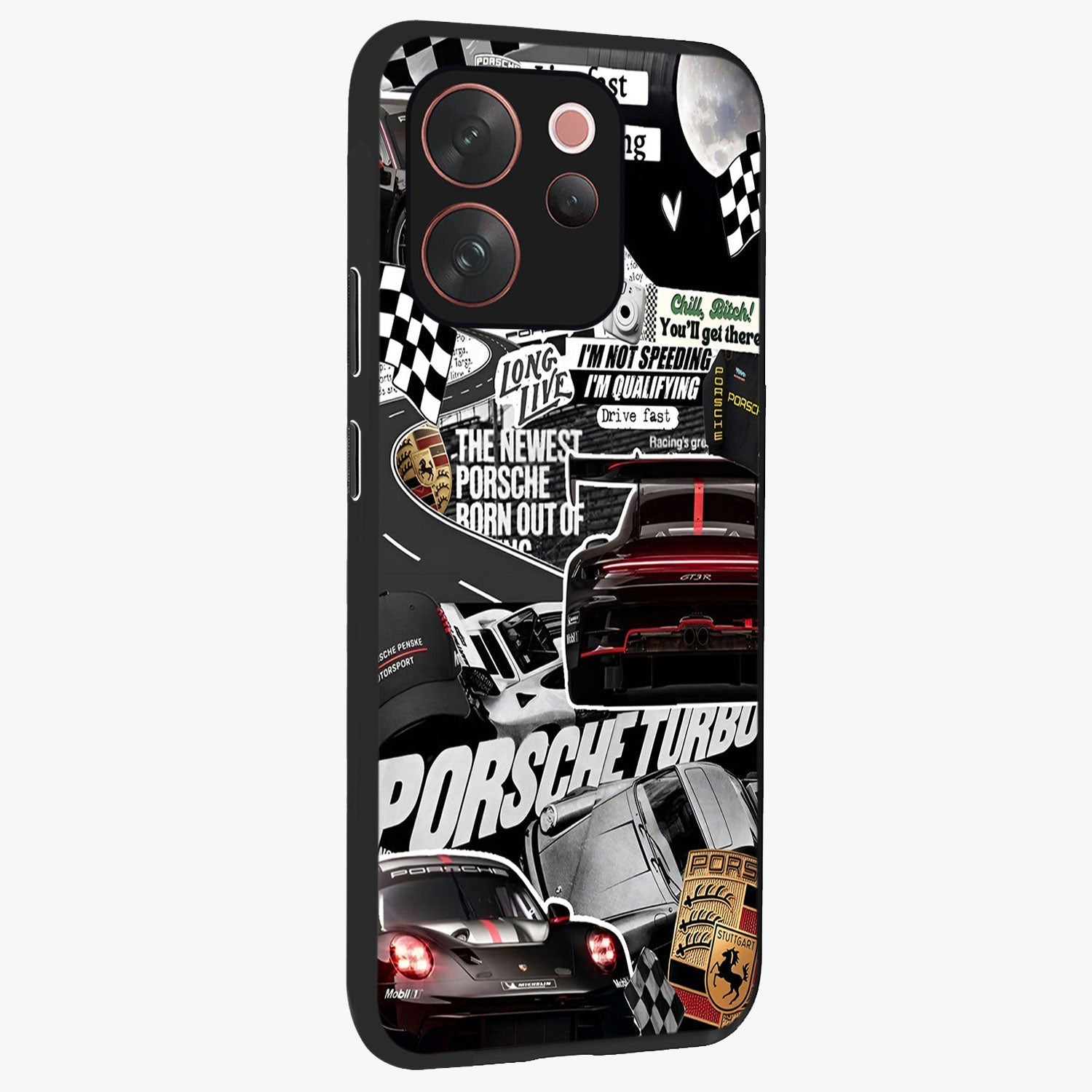 Porsche Racing Collage Glass Case upright view showcasing energetic car collage artwork with high speed racing theme.