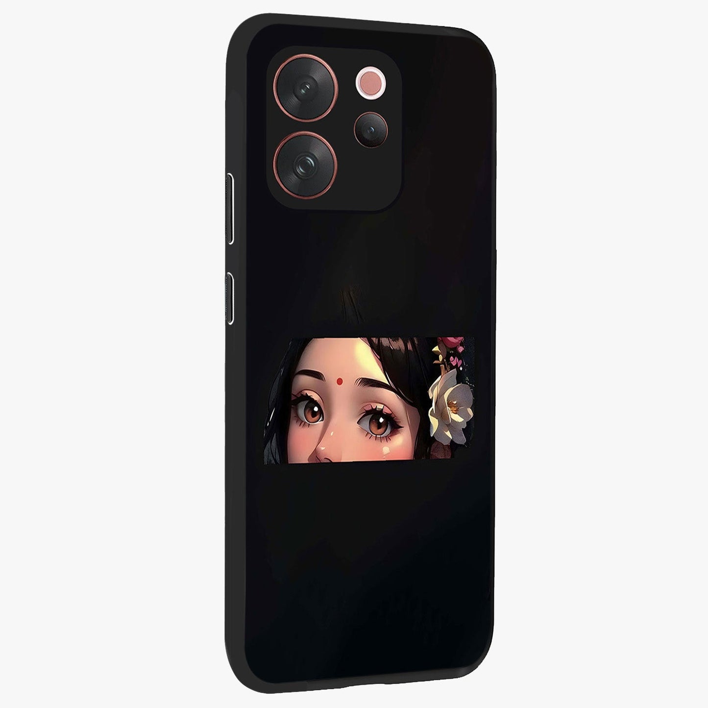 Radha Divine Embrace Glass Case upright view showcasing sacred Radha themed artwork with peaceful devotional style.