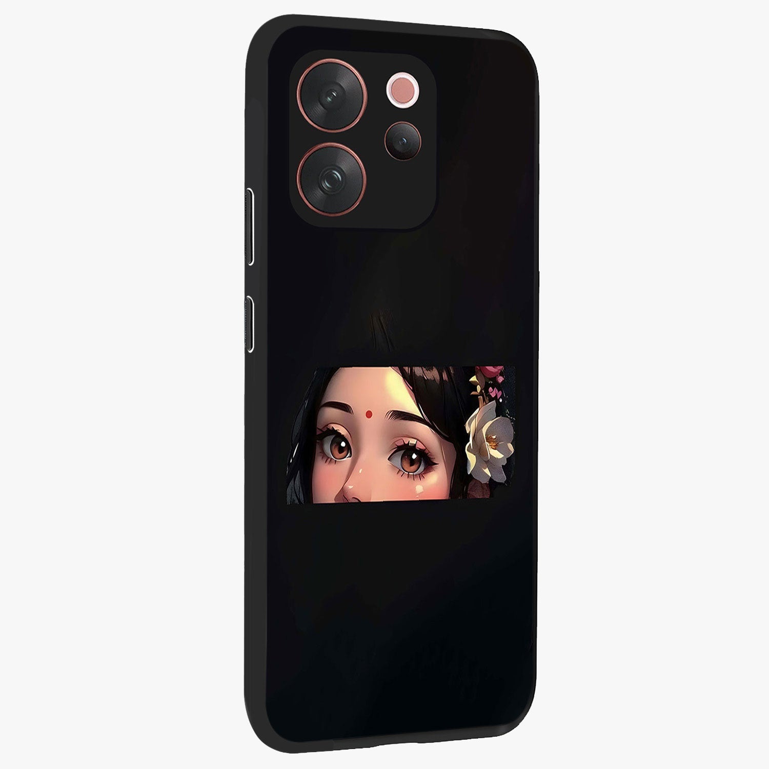 Radha Divine Embrace Glass Case upright view showcasing sacred Radha themed artwork with peaceful devotional style.
