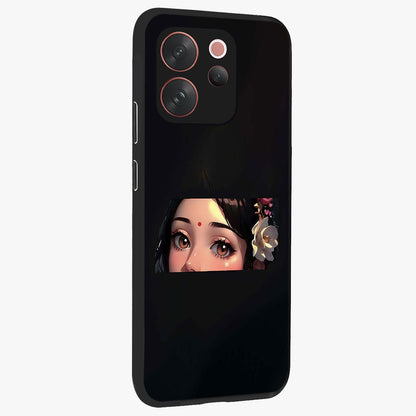 Radha Divine Embrace Glass Case upright view showcasing sacred Radha themed artwork with peaceful devotional style.