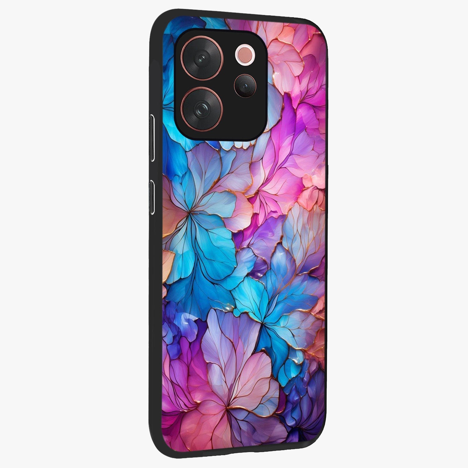 Radiant Floral Whirl Glass Case upright view showcasing lively floral artwork with decorative swirl theme.