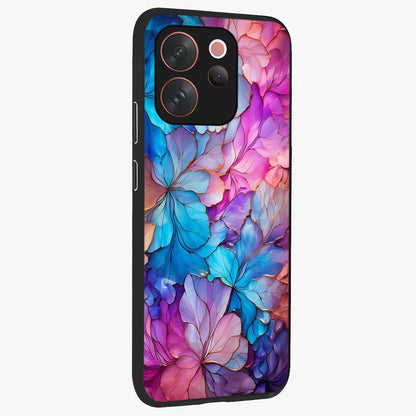 Radiant Floral Whirl Glass Case upright view showcasing lively floral artwork with decorative swirl theme.