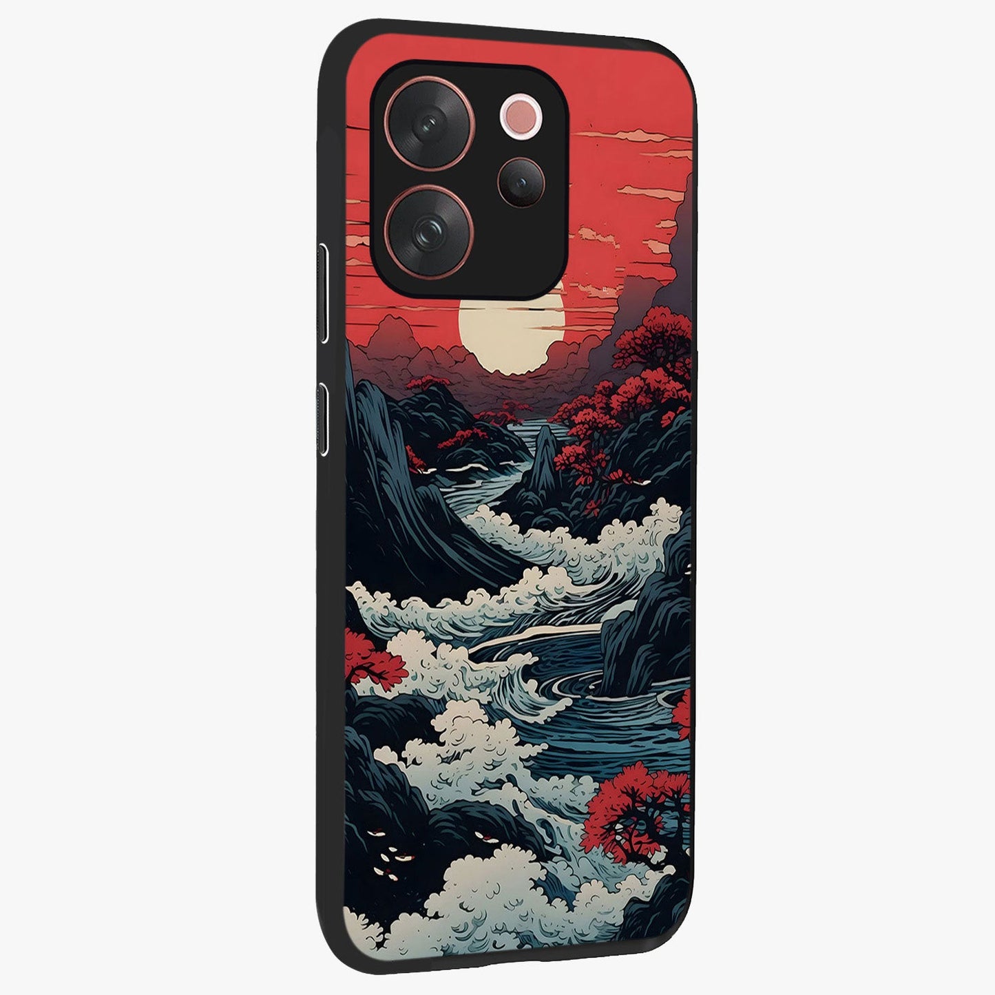 Red Sunset Scenery Glass Case upright view showcasing dramatic sunset scenery artwork with warm nature theme.