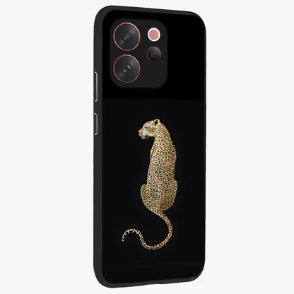 Regal Leopard Glass Case upright view showcasing striking leopard artwork with fierce wildlife theme.
