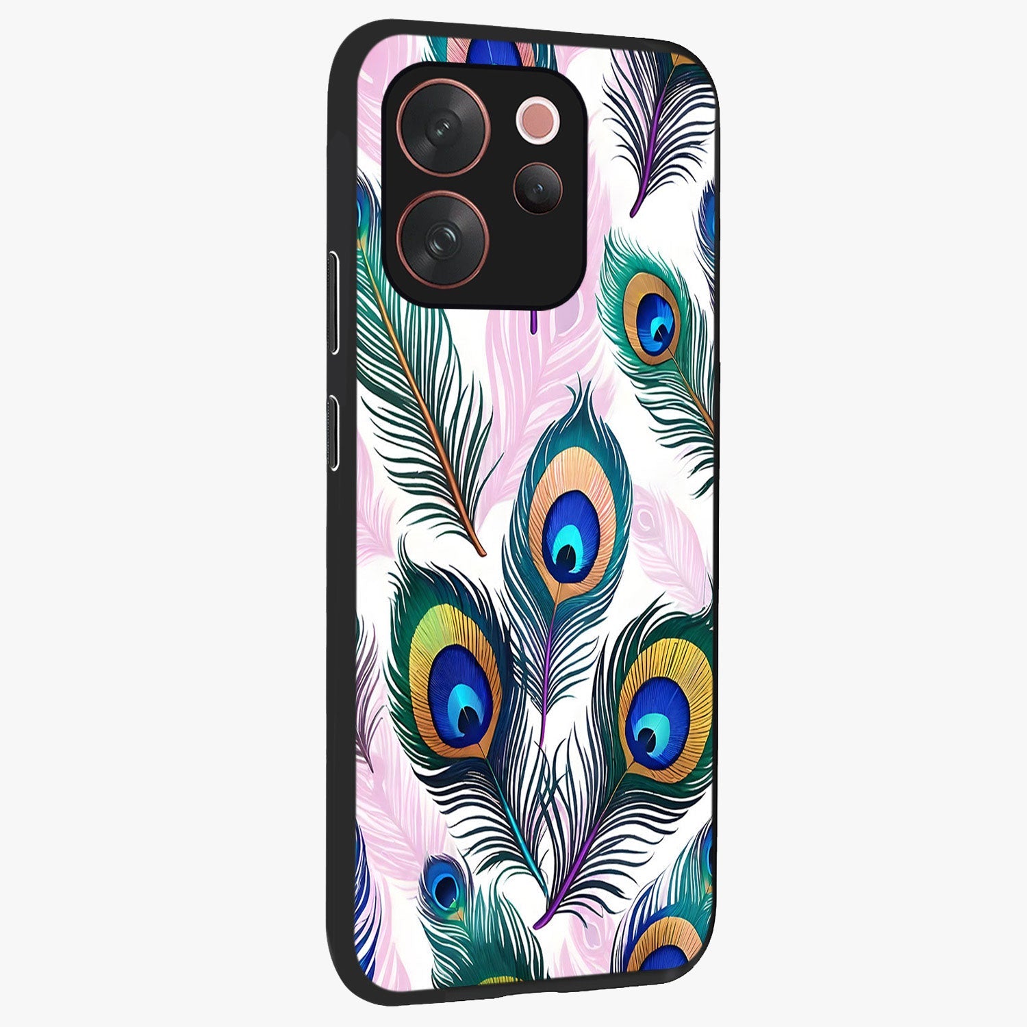 Royal Peacock Feathers Glass Case upright view showcasing elegant peacock feather artwork with decorative royal theme.