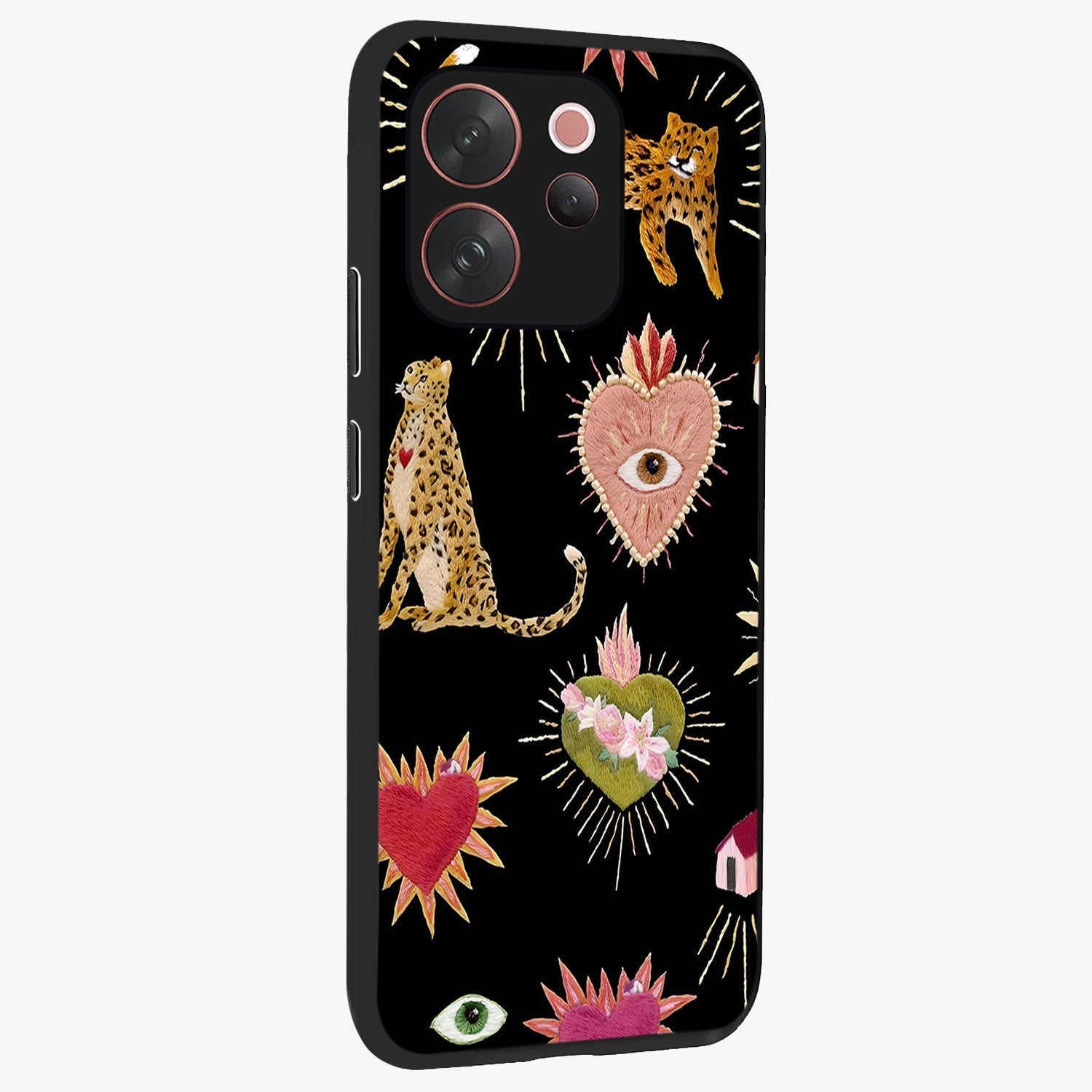 Sacred Jungle Heart Glass Case upright view showcasing vibrant jungle artwork with symbolic heart theme.