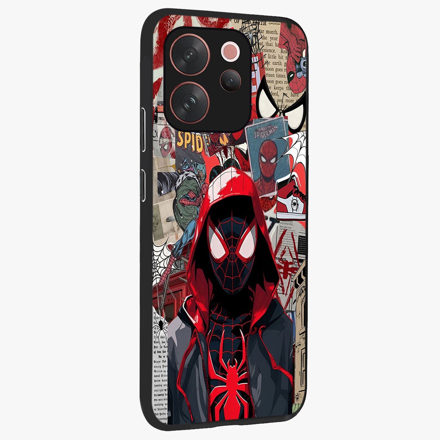 Spider Collage Street Glass Case upright view showcasing bold superhero artwork with urban street theme.