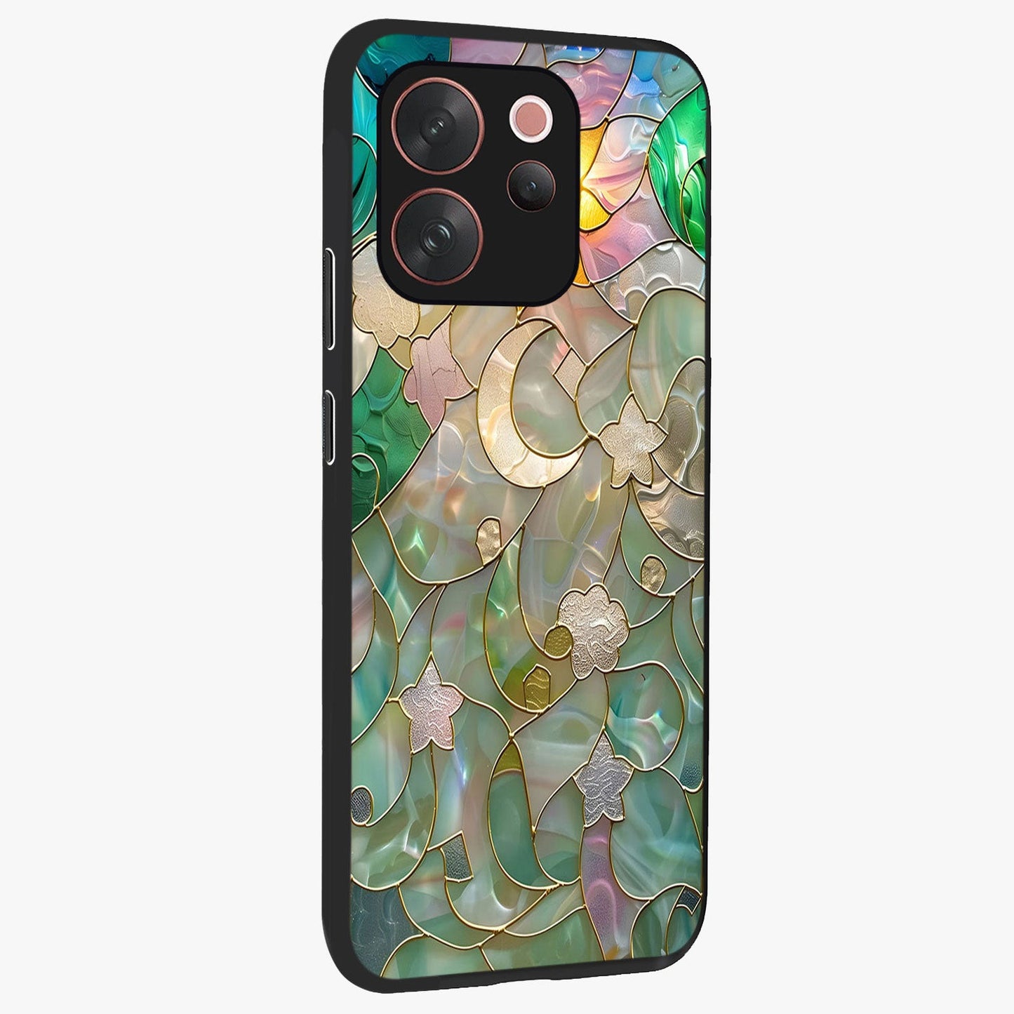 Stained Sunrise Glow Glass Case upright view showcasing colorful sunrise artwork with warm morning theme.