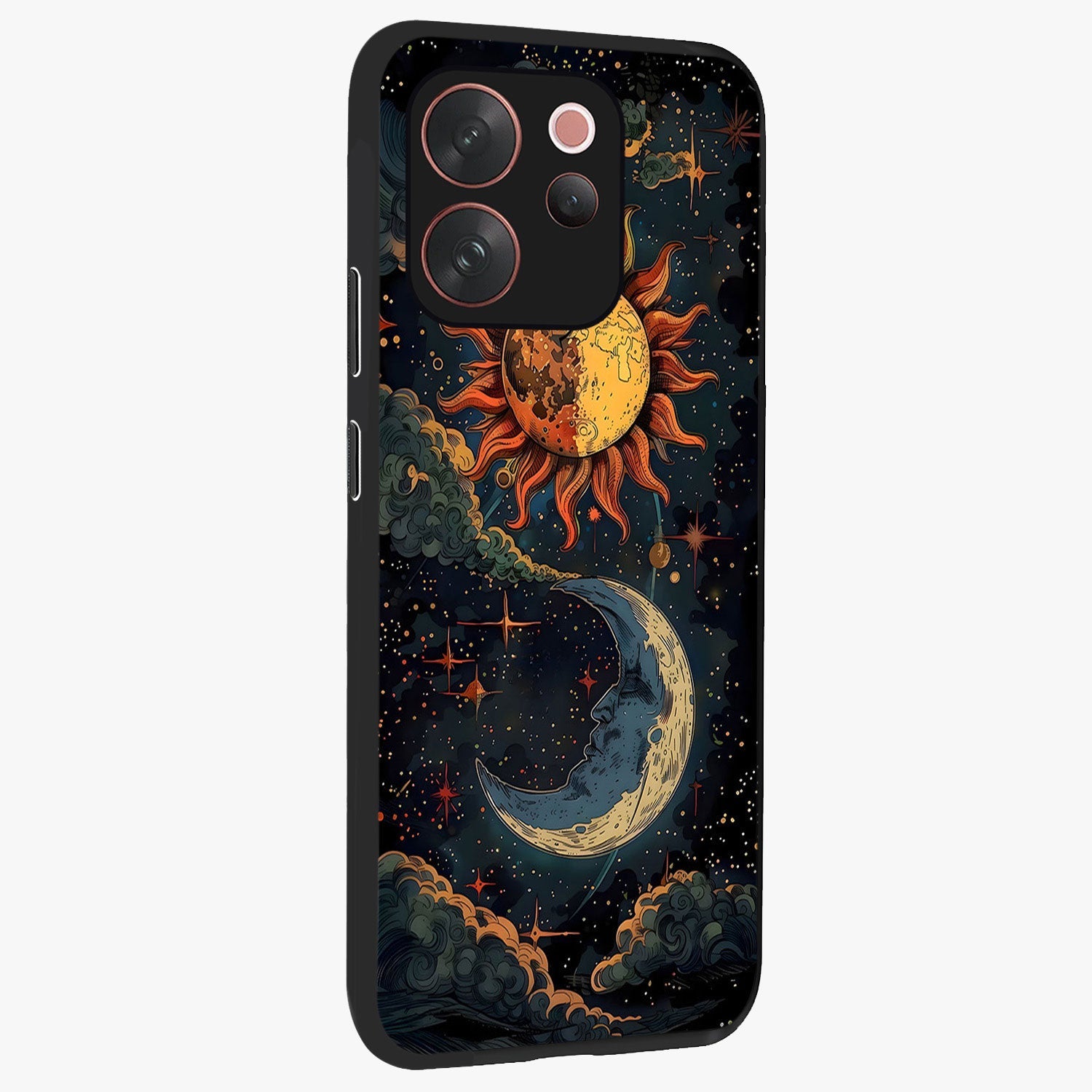 Sun And Moon Magic Design Glass Case upright view showcasing decorative sun and moon artwork with spiritual celestial theme.