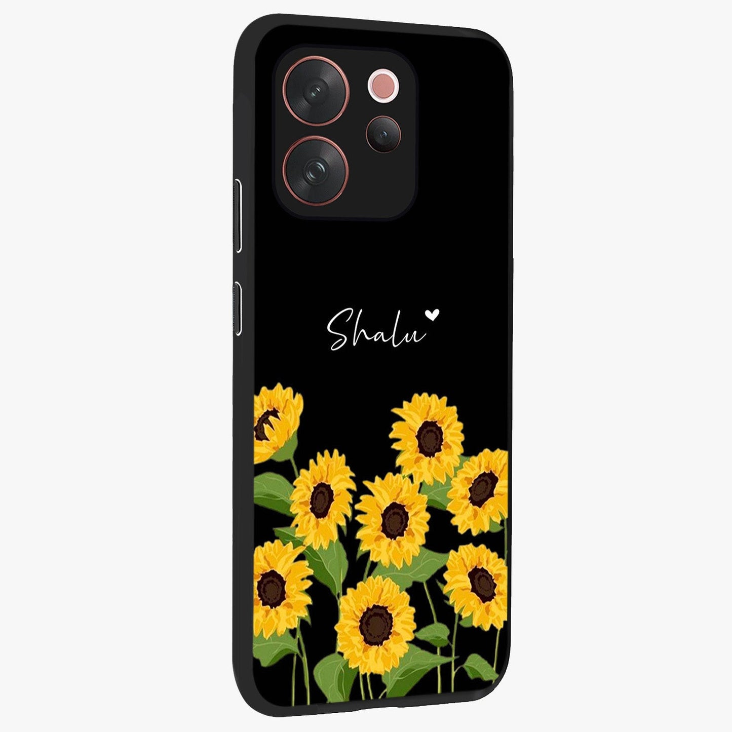Sunflower Chic Mood Custom Name Glass Case upright view showcasing cheerful sunflower artwork with trendy floral theme.